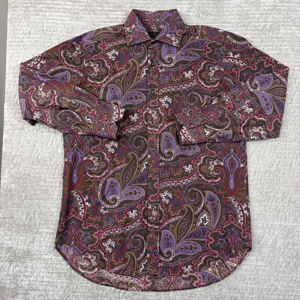 Etro Milano Mens Paisley Button Down Shirt Purple Brown Cotton Made in Italy 40
